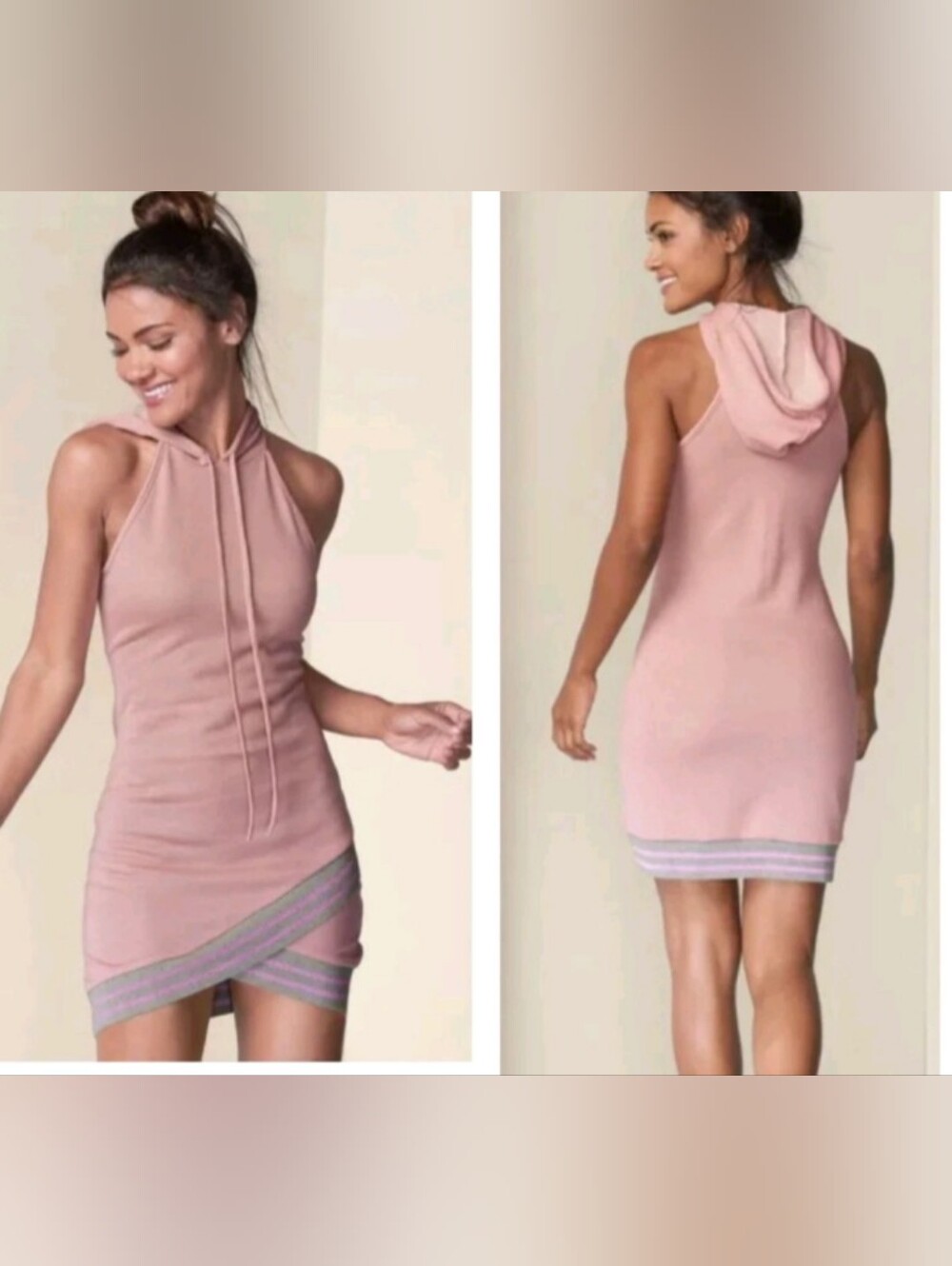 VENUS Pink Hooded Midi Dress with Criss Cross Tulip Hem